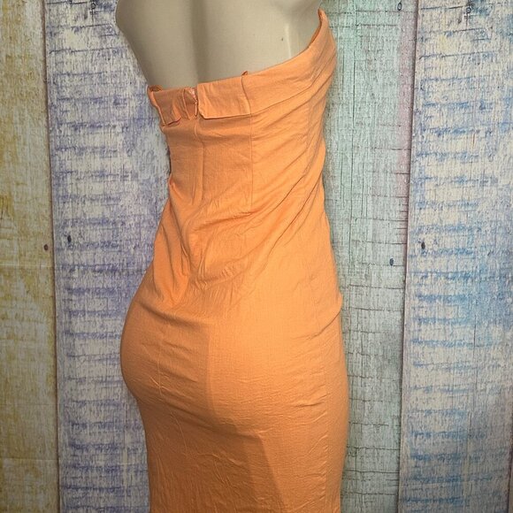 Women’s Orange Idem Ditto Strapless Fitted Midi Large Dress Back Zipper & Slit - Picture 6 of 9